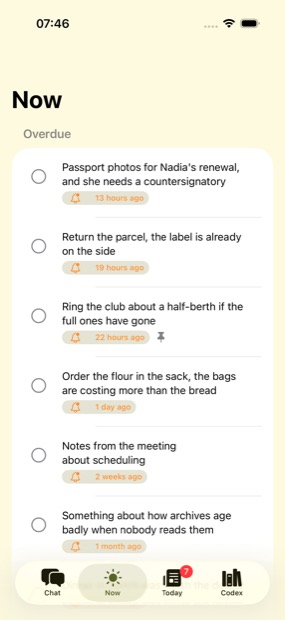 The Now tab, listing overdue reminders with the day each was set for.