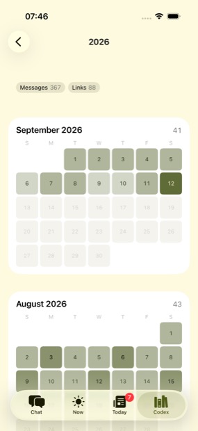 A year drawn as twelve month calendars, each day shaded by how much was written that day.
