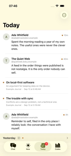 The Today tab: posts from a Mastodon account and a Bluesky feed woven between two articles, with yesterday folded under its own heading.